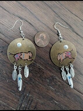Hand-Painted Bronze Native American Buffalo Earrings with Silver Feather Charms